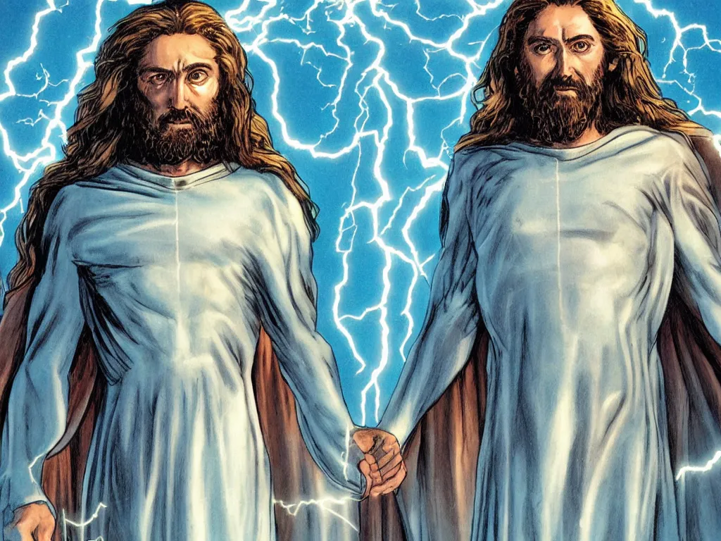 Image similar to jesus christ as a superhero with long hair and white eyes floating above the water shooting lightning out of his hands, drawn by alan moore, graphic novel, symmetrical, frontal, full body shot,