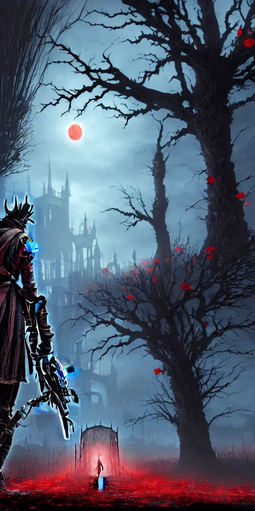 Image similar to abandoned bloodborne old valley with a person at the centre and a ruined city at the end, trees and stars in the background, falling red petals, epic red - orange moonlight, perfect lightning, illustration by niko delort and kentaro miura, 4 k, ultra realistic