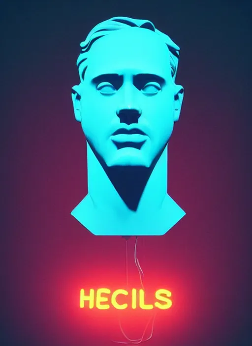 Image similar to bust of hercules, beeple, james gilleard, vaporwave, retrowave, black background, neon wiring, black, glitch, strong contrast, cuts, pinterest, trending on artstation