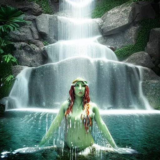 Image similar to ultra realistic 3 d render of a goddess made of water and flowers rising out of the water dripping by anwar mostafa and farid ghanbari, beautiful, bioluminescent, ethereal, mist, waterfall