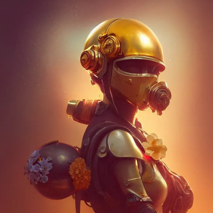 Prompt: retrofuturism old rct screen, ultra realistic illustration, spanish girl with flowers blossoming from helmet, elegant, highly detailed, digital painting, concept art, smooth, sharp focus, volumetric lighting, photorealistic rendering, artstation, redshift, octane, golden ratio