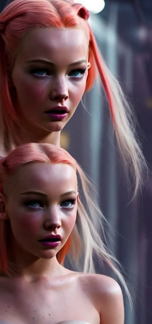 Prompt: a young woman who is a mix of dove cameron and madison beer and milla jovovich and jennifer lawrence stars as leeloo in the 2 0 2 4 remake of the 5 th element, cinematic still, promotional photo, 8 k hdr, dramatic pose