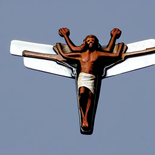 Prompt: jesus crucifixes on top of a fighter jet