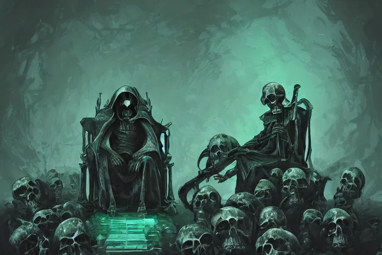 Prompt: Grim reaper sitting on a throne made of skulls, wide shot, digital art, fantasy, concept art, highly detailed, dark colors, green tint