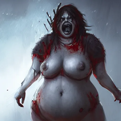 Prompt: angry extremely fat obese giant zombie female, full body portrait, with clothese, horror core, apocalyptic, feeling of grimdark, sharp focus, fiction, hyper detailed, digital art, trending in artstation, cinematic lighting, studio quality, smooth render, unreal engine 5 rendered, octane rendered, art style and nixeu and wlop and krenz cushart