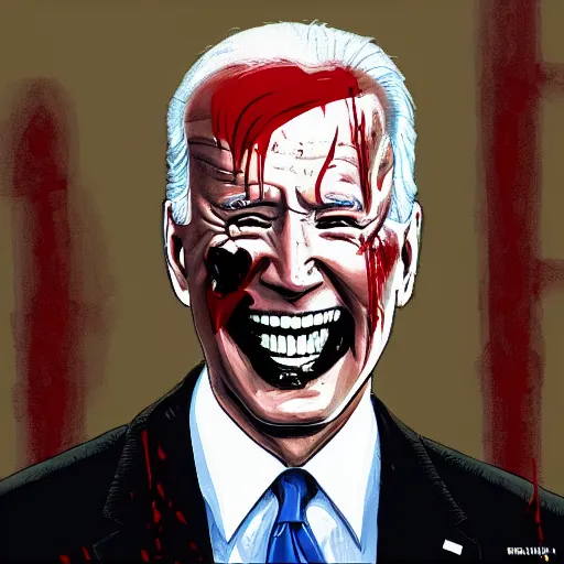 Image similar to joe biden smiling with blood in his face while behind him the world is burning, dramatic lighting, cinematic, establishing shot, extremly high detail, photorealistic, cinematic lighting, artstation, style by James Gurney