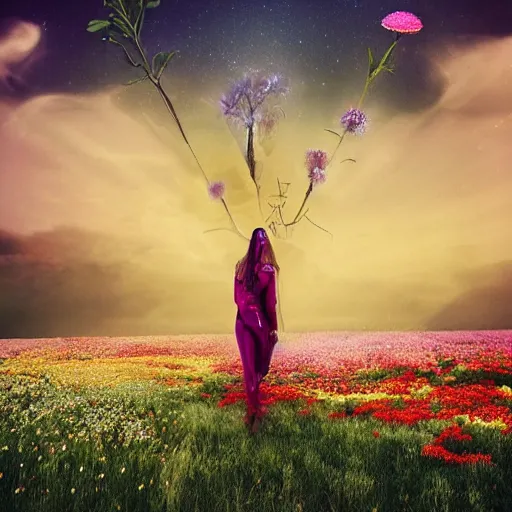 Image similar to A picture of a planet of various flowers, fungus and plants, in which the human figure is dressed in something magical and impressive, inside the picture is infinity, sunset light, Atmospheric phenomenon, artistic photography, muted colors, conceptual