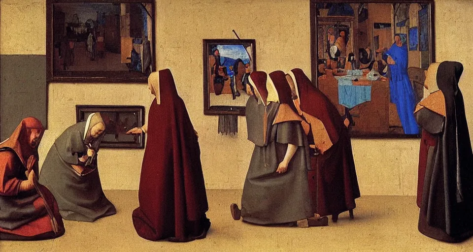 Image similar to a painting of nuns doing something punk, medieval painting by Jan van Eyck, Johannes Vermeer