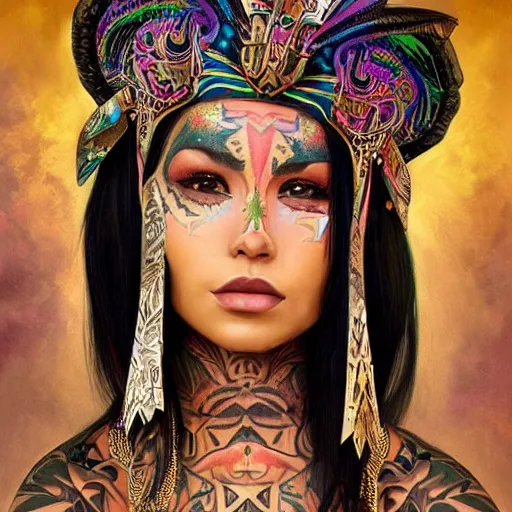 Image similar to an attractive young tattooed aztec female with piercings wearing an rainbow ornate metallic helmet, catalina otalvaro, olive skin, long dark hair, beautiful bone structure, intricate, elegant, highly detailed, digital painting, artstation, concept art, smooth, sharp focus, illustration, art by artgerm and greg rutkowski and alphonse mucha