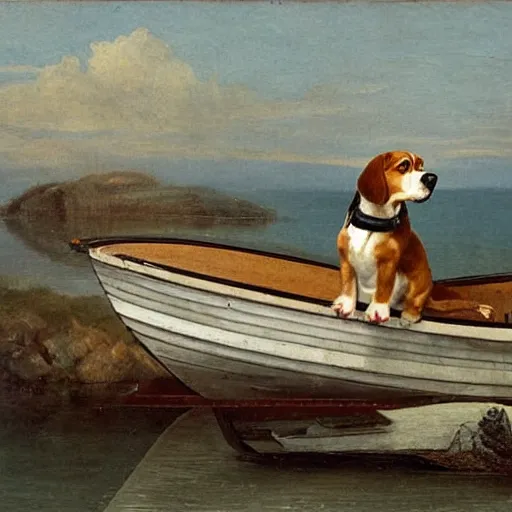 Image similar to a beagle building a boat in a bay