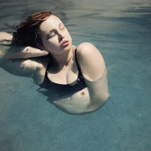 Prompt: single woman on the bottom of the pool as if drowned. teen with short brown hair completely underwater. wearing a floral sundress, eyes closed, bright red lipstick. drowning, motion blur, dreamy, forlorn, sad, misty, brokenhearted, long exposure, cinematic, by sarah moon, by todd hido, by cindy sherman, - n 9