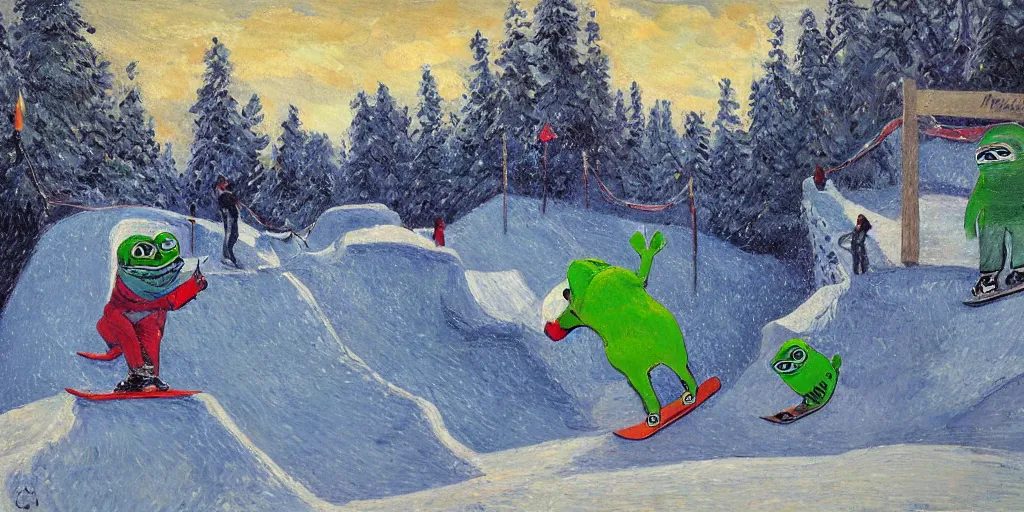 Image similar to pepe the frog snowboarding in terrain park, ramps, half - pipe, gloomy landscape, expressive oil painting by christopher radlund and camille pissaro