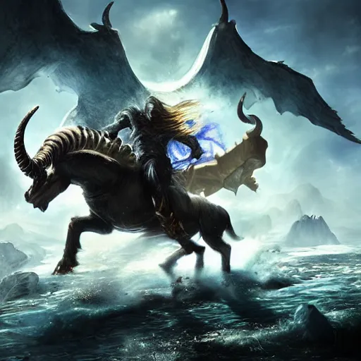 Prompt: man riding the elusive mythical capricorn creature while being attacked by monsters, fantasy art, concept art, character design, unreal engine 5, ultra detailed, cinematic, dramatic lighting