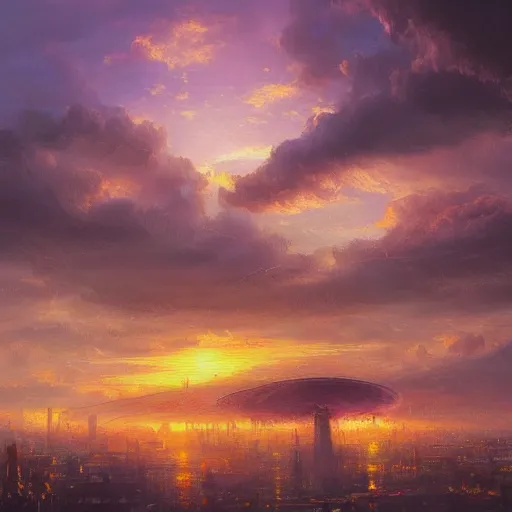 Image similar to a beautiful artwork painting of a mothership above rainy victorian london at sunset, by andreas rocha, featured on artstation