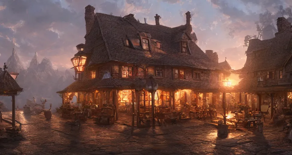 Image similar to tavern, hyperdetailed, artstation, cgsociety, golden hour 8 k