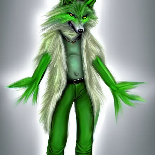 Image similar to Beautiful digital painting of an anthro anthropomorphic pastel-green wolf, Punk outfit.