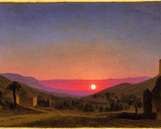 Image similar to view over a village in the countryside of Morocco, sunset in spring, by Caspar David Friedrich