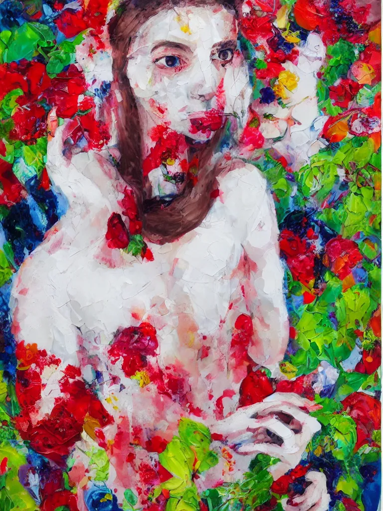 Image similar to “organic, portrait of a woman wearing white silk, neoexpressionist, eating luscious fresh raspberries and strawberries and blueberries, edible flowers, acrylic and spray paint and oilstick on canvas”