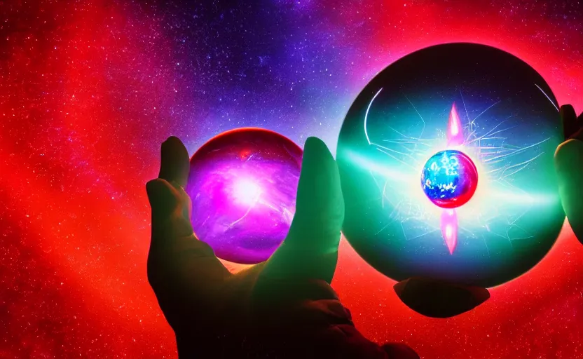 Image similar to pro - vida, cosmic integration, closeup of a hand holding spheres of power, cosmic color scheme, macro up view, neon, glow, darkness, dramatic, sharp focus, octane render, imax