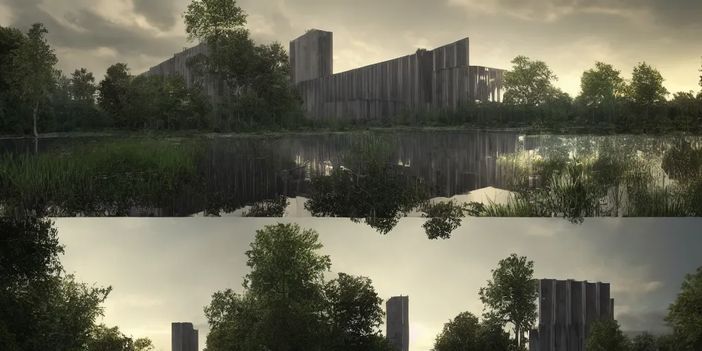 Prompt: an extremely detailed cathedral of brutalist architecture, surrounded by lush green forest, reflected in ponds of water, stunning volumetric lighting, sunset, rusted steel, smooth concrete, stunning skies, trending on Artstation, 8k, photorealistic, hyper detailed, unreal engine 5, IMAX quality, cinematic, epic lighting, in the style of Greg Rutkowski
