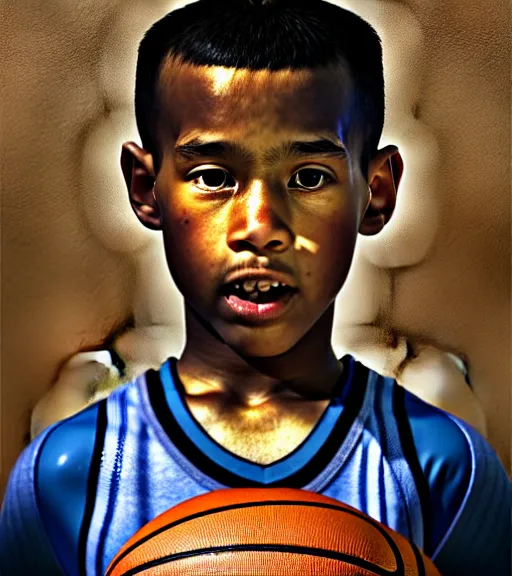 Prompt: portrait of a boy at a basketball court playing basketball wearing a basketball jersey in a basketball court standing near the basketball hoop, intense emotion, detailed facial expression, detailed surroundings, intricate, elegant, highly detailed, centered, digital painting, artstation, concept art, smooth, sharp focus, illustration, by (Johannes Vermeer), WLOP