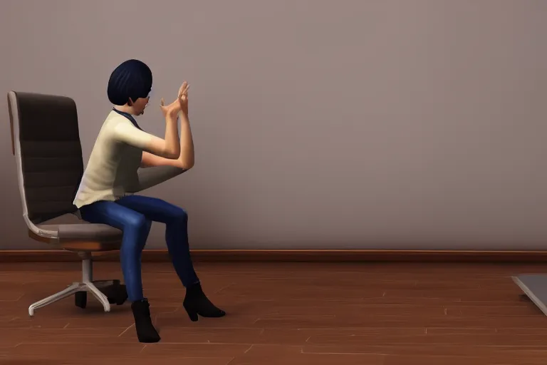 Prompt: a photo of a sim character annoyed at a chair, photorealistic, dramatic, game footage, 8 k