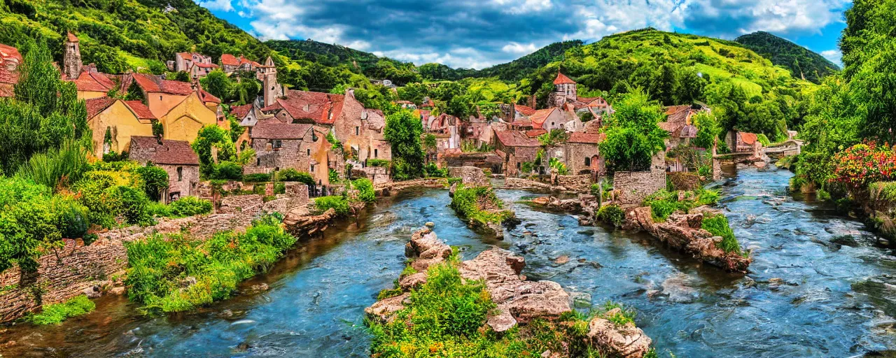 Prompt: a river running through a medieval village, summer, beautiful colors, wide-angle photograph, award winning, highly detailed