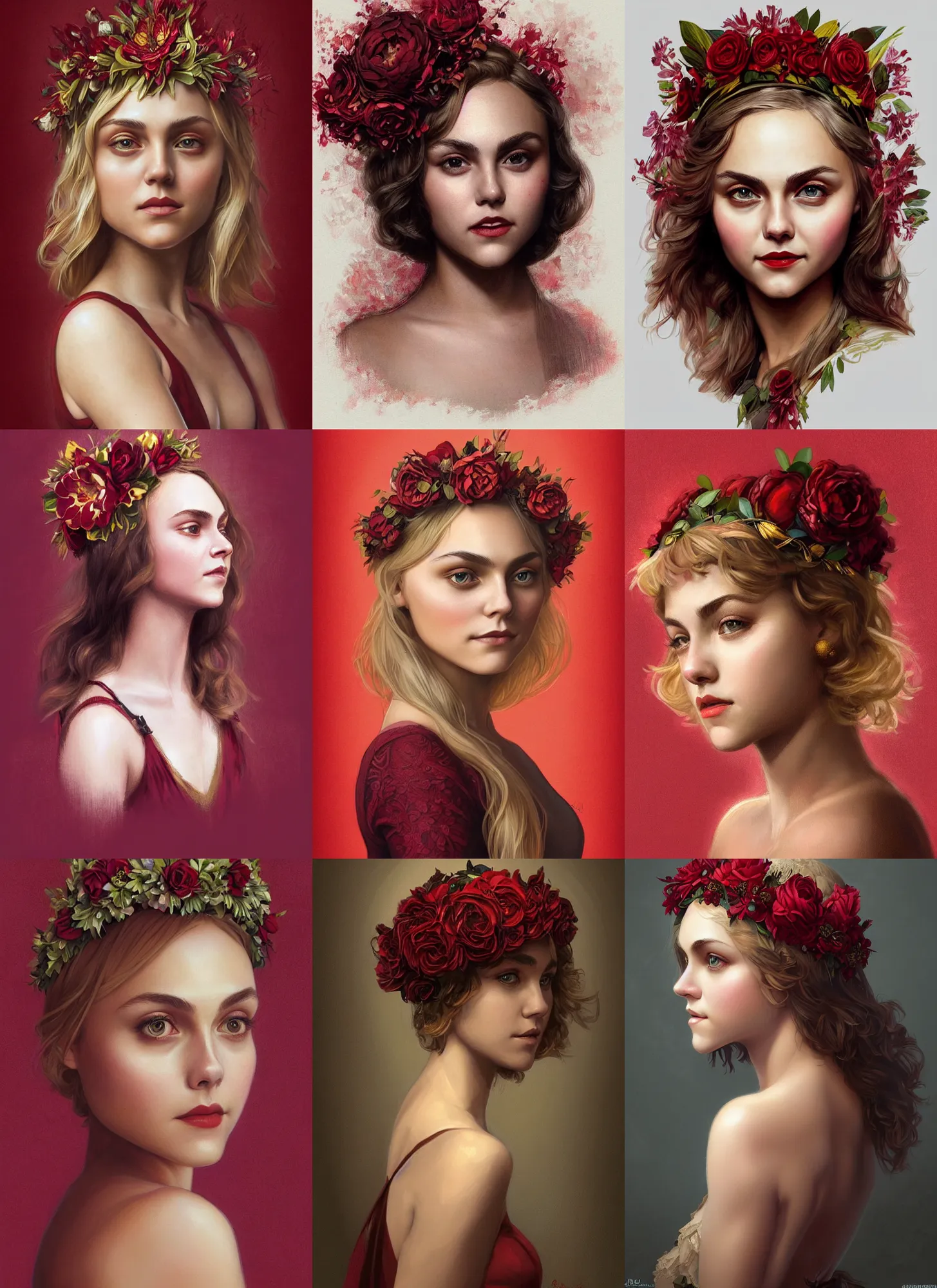 Prompt: Portrait of Annasophia Robb wearing a floral crown, olive skin, short blond hair, beautiful bone structure, dark red background, intricate, elegant, highly detailed, digital painting, artstation, concept art, smooth, sharp focus, illustration, art by artgerm and greg rutkowski and mucha