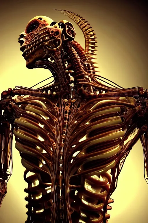 Prompt: photograph of a beautiful biomechanical creature that has a humanoid face, cinematic, realistic, hyperdetailed