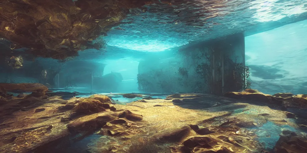 Image similar to underwater enviroment, unreal 5, hyperrealistic, realistic, photorealistic, dynamic lighting, highly detailed, cinematic landscape, studio landscape, studio lighting