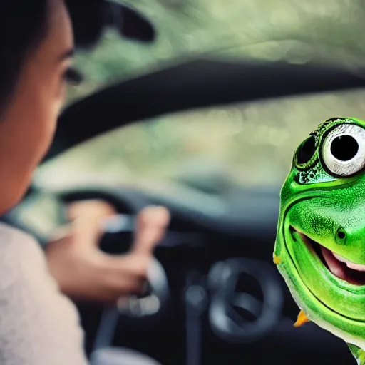Image similar to human with frog face driving car, palm trees