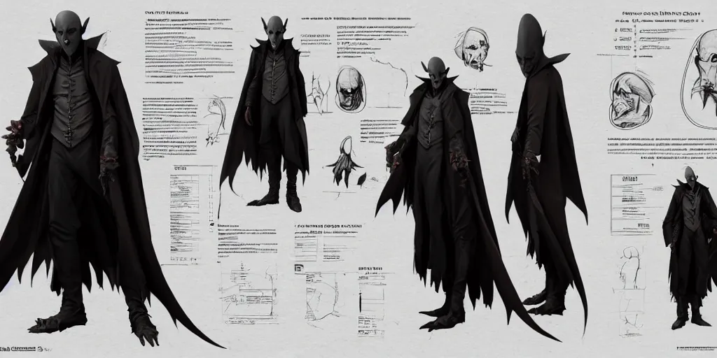 Image similar to nosferatu, character sheet, concept design, contrast, hot toys, kim jung gi, greg rutkowski, zabrocki, karlkka, jayison devadas, trending on artstation, 8 k, ultra wide angle, pincushion lens effect