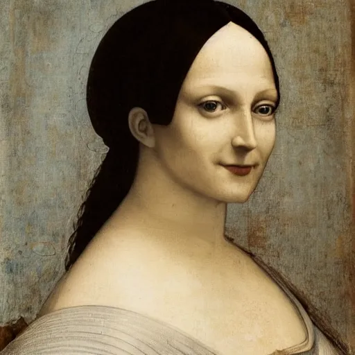 Image similar to a portrait of a woman with a mysterious smile. She is wearing a white dress and her hair is pulled back. Her eyes are slightly downcast, and she has a small mouth in style DaVinci