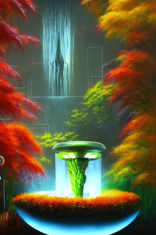 Prompt: futuristic garden glowing in autumn, marble fountains, small waterfalls, ecosystem, 1 9 8 0 s science fiction, 1 9 7 0 s science fiction, alien 1 9 7 9, cyberpunk, 3 d oil painting, depth perception, 4 k, artstation