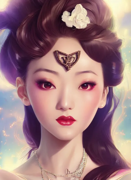 Image similar to a pin up and beautiful fashion dreamlke japan girl with lv jewelry, character art, art by artgerm, wlop, loish, hyperdetailed, 8 k realistic, symmetrical, global illumination, radiant light, frostbite 3 engine, cryengine, dof, trending on artstation, digital art, chanel, dior, detailed background