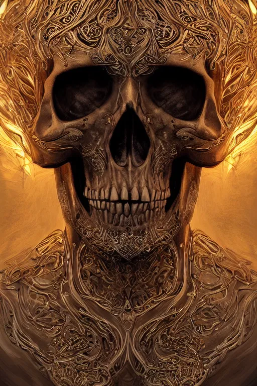 Image similar to skull, close - up portrait, powerful, intricate, elegant, volumetric lighting, digital painting, highly detailed, artstation, sharp focus, illustration, concept art, ink pen, small gold leaf flake accents