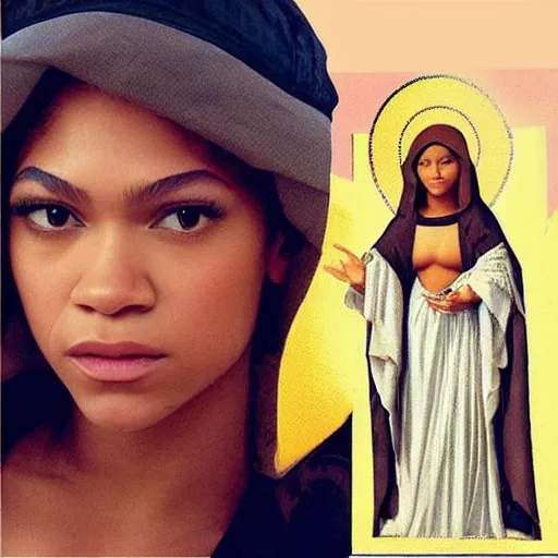 Prompt: “Zendaya, beautiful, Beyonce in the form of the Virgin Mary, highly detailed, photorealistic”