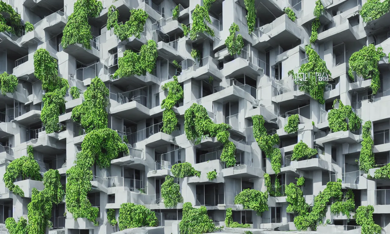 Image similar to algae concrete additive printed multifamily modern architecture in thailand city, colorful geometric exterior rain - screen cladding, architectural sculptural interior, visually satisfying architecture render in vray