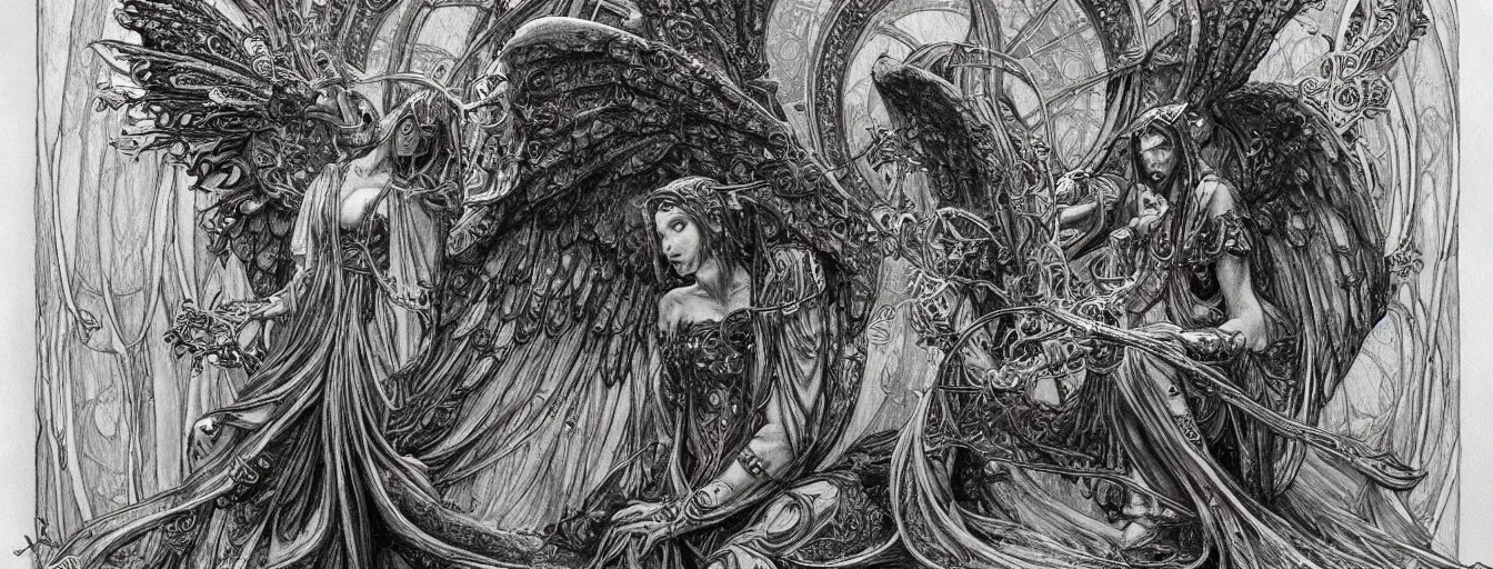 Prompt: highly detailed doom medieval illuminated manuscript concept art drawing, angel wings designs, intricate and stylized ethereal designs by zdizslaw beksinski, kilian eng, alphonse mucha