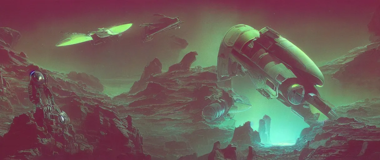 Image similar to (neon palette), humanity industrial spaceship!!, deep space exploration!!!, ridley scott universe, mysterious, ultrarealistic, cinematic lighting, 4k, wide angle, trending on artstation, beksinski, by moebius
