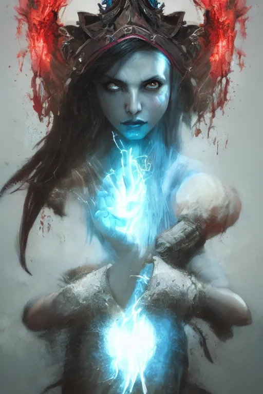 Image similar to beautiful girl necromancer, witch - doctor covered in blood, fallen angel, diablo, 3 d render, hyper - realistic detailed portrait, holding fire and electricity, ruan jia, wlop. scifi, fantasy, magic the gathering, hyper detailed, octane render, concept art, peter mohrbacher