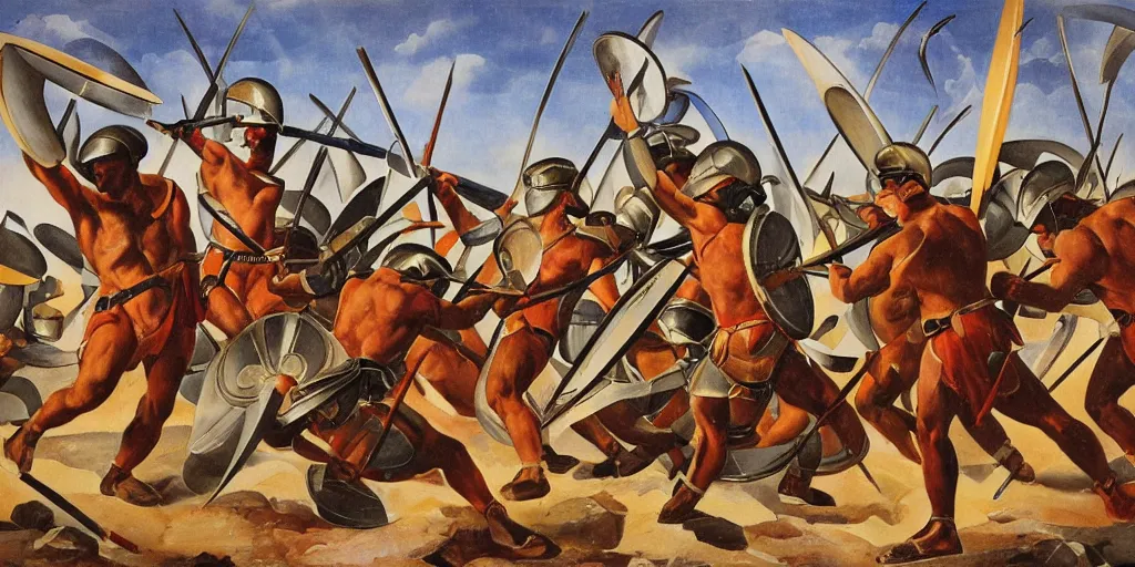 Image similar to italian futurism style painting of greek hoplites at war