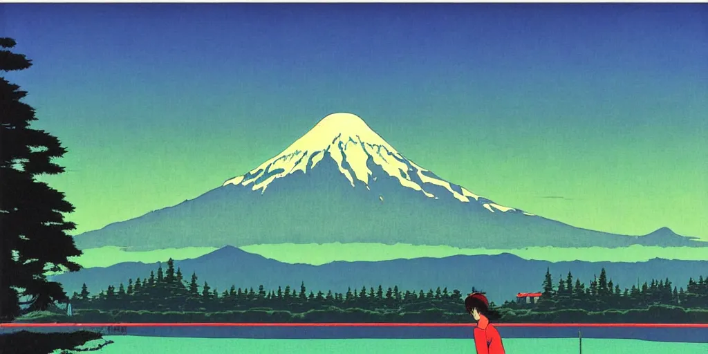 Image similar to seattle with mount rainier in the background, acid and dreaming psychedelic hallucinations, by kawase hasui, moebius and edward hopper, colorful flat surreal design, hd, 8 k, artstation