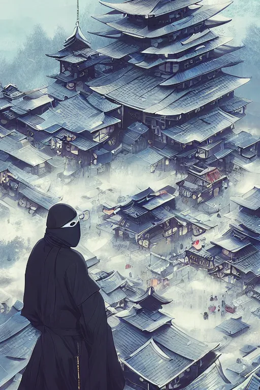 Image similar to ninja in a futuristic japanese village, trending on artstation, digital art,