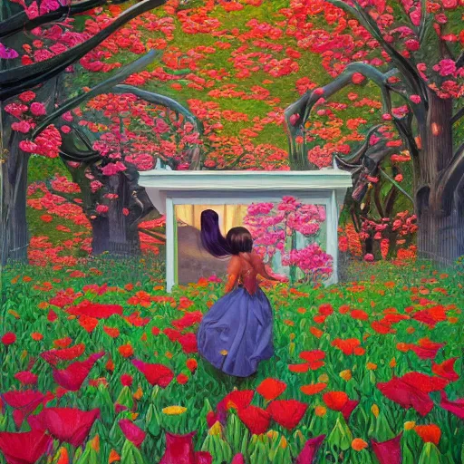 Image similar to hyper detailed painting- surreal flowers bushes everywhere, long petals, entangled foliage, glowing blossoms, huge blossoms, art by James Jean, Masterpiece, Edward Hopper and James Gilleard, Ross Tran, Mark Ryden, Wolfgang Lettl, hints of Yayoi Kasuma, surreal