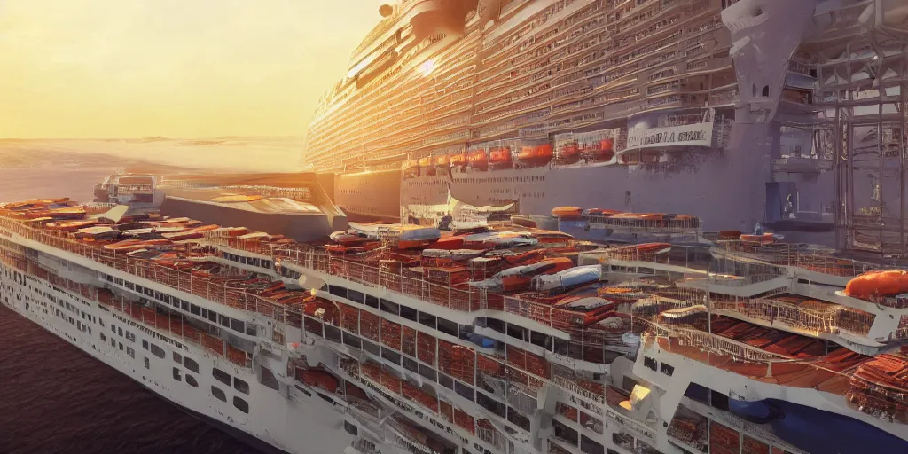 Image similar to cruise ship with vertical farm, cargo containers detailed, digital art, 8 k resolution, unreal engine, highly detailed, very detailed eyes, photorealistic by wlop, greg rutkowski, rim light, exquisite lighting, clear focus, very coherent,