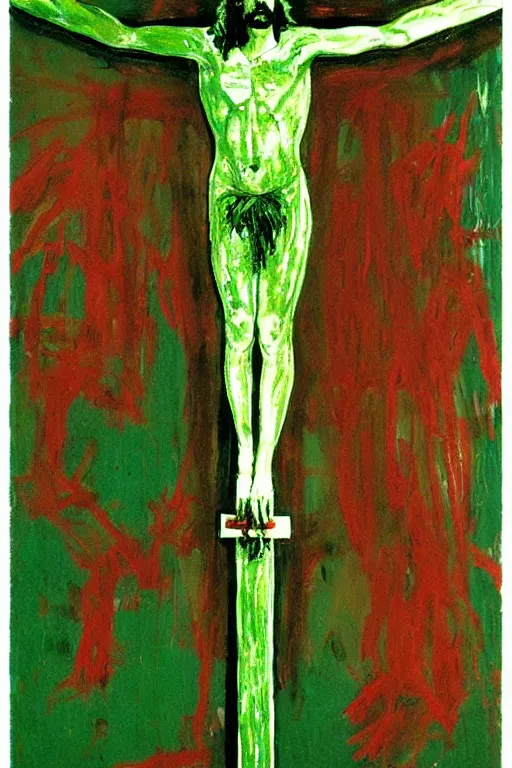 Image similar to green jesus christ crucified painted by cy twombly and basquiat