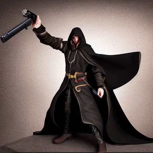 Prompt: a dark cloak with a single arm extending out of hit holding a pistol, portrait, 4 k, photorealistic