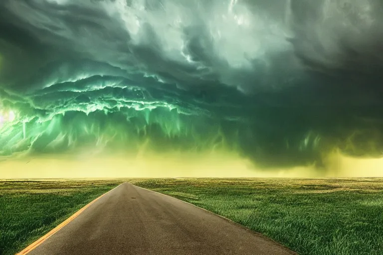Prompt: Photo of the green sky just before a tornado, award winning, trending on artstation