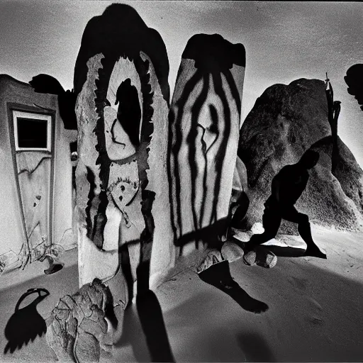 Prompt: an indigenous crowd of shadows coming from dust mountain of spiritual healers in sandstorm, under abduction light ancestral cave cementery time machine gates transporting spirits, joel peter witkin, sebastiao salgado